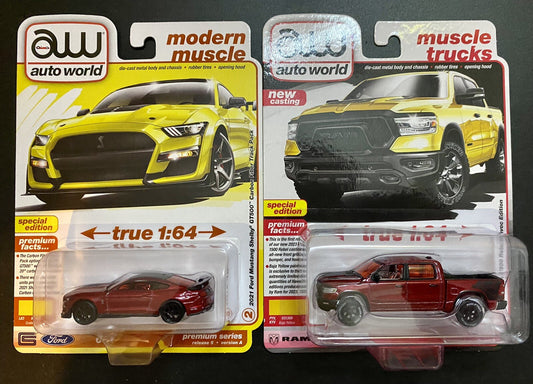 Auto World Chase Ultra Red Ford Mustang & Dodge Ram Rebel - 2 Car Lot #12