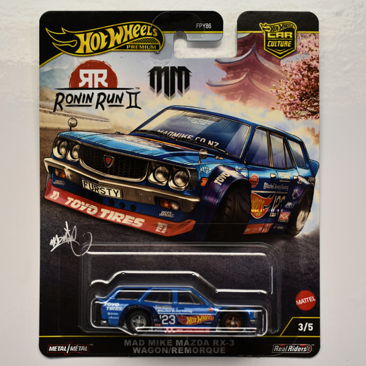Mad Mike Mazda RX-3 Wagon Remorque Blue 2025 Hot Wheels Premium Ronin Run II