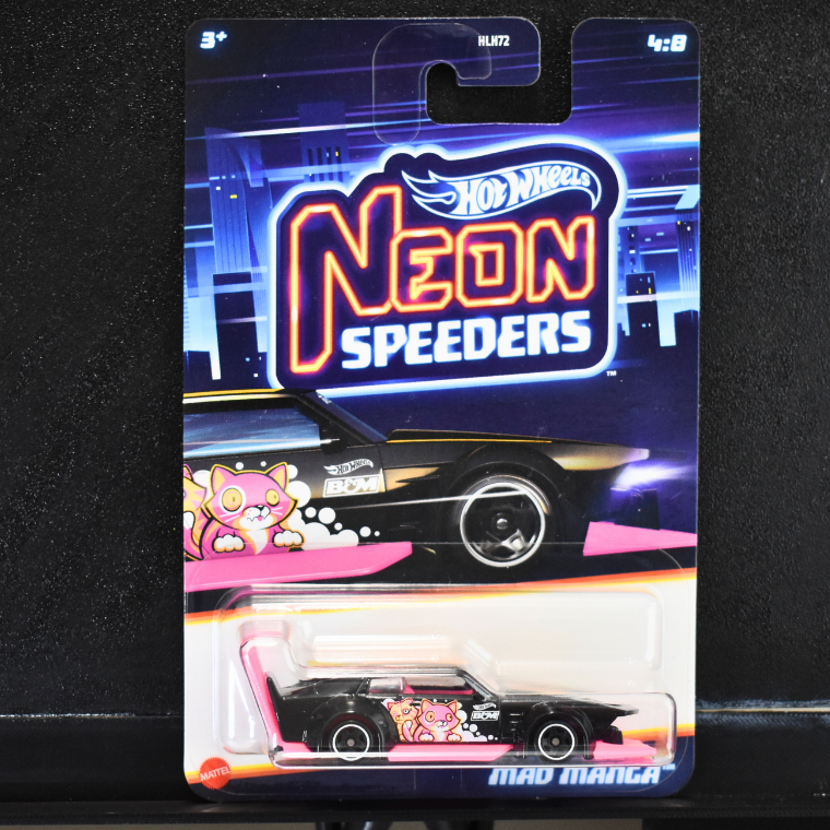 Hot Wheels Neon Speeders packaging with a black car figure inside, on a gray background.