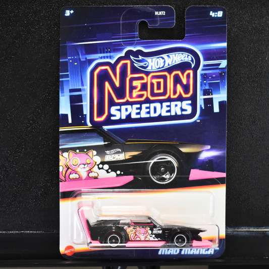 Hot Wheels Neon Speeders packaging with a black car figure inside, on a gray background.